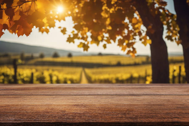 istock Beautiful natural wooden table with autumn background 1711792510
