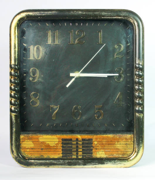 antique gold square wall clock. on white background, retro look concept