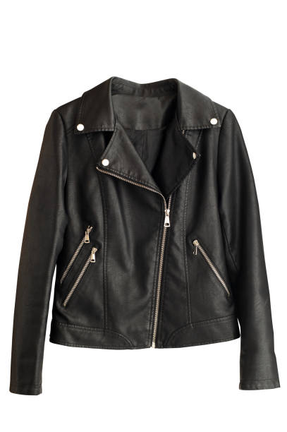 istock Black leather biker jacket isolated on white background 1711821722