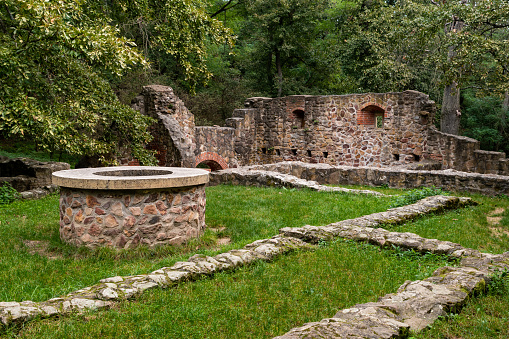 Well in the garden of a ruined monastery in the middle of the forest