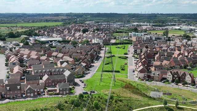 Drone view of Electricity Pole on a suburb landscape at England