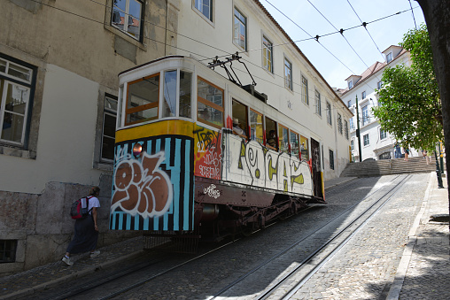 Lisbon, Portugal - 10 May 2015: The vintage tram in Lisbon city, Portugal