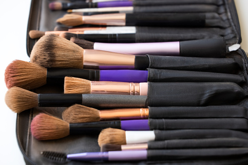 Various cosmetic brushes on pink background. Professional makeup concealer powder blush eye shadow brow brushes. Makeup brushes set for take care skin.