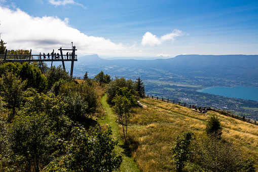 Wooden pontoon of the Mont Revard belvedere, allowing a view of Lake Bourget and the town of Aix-les-Bains