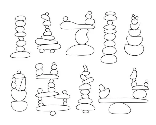 Vector illustration of Zen stone cairns set in simple abstract doodle style outline vector illustration, relax, meditation yoga concept, boho stone pyramid clipart for making banner, poster, card, print, wall art