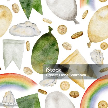 istock Watercolor hand drawn illustration, Saint Patrick holiday. Leprechaun gold coins, flags, rainbow. Ireland tradition. Seamless pattern Isolated on white background. Invitations, print, website, cards. 1711886953