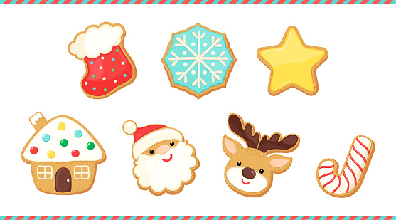 Cute cartoon gingerbread cookie icons. Biscuit shape Santa Claus face, reindeer head, snowflake cookie, star shape bisquit. Winter design elements.
