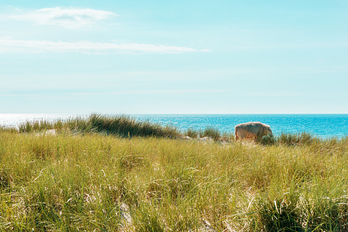 Lighthouse red white on dune vertical. Focus on background with lighthouse.