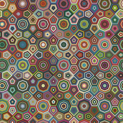 Seamless multicolored geometric pattern in mosaic style. Composition of concentric pentagons and octagons.Graphic textile texture.Vector illustration for textile, wrapping, continuous print, and web.