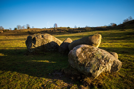 The fields with a clear blue sky in Brösarps backar in Skåne, Sweden, formed during the latest ice-age.