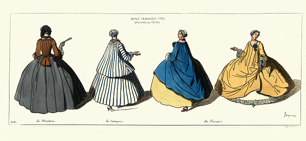 Vintage illustration Women's fashions of the early 18th Century, French 1720s, dresses skirts worn over dome-shaped hoop petticoats