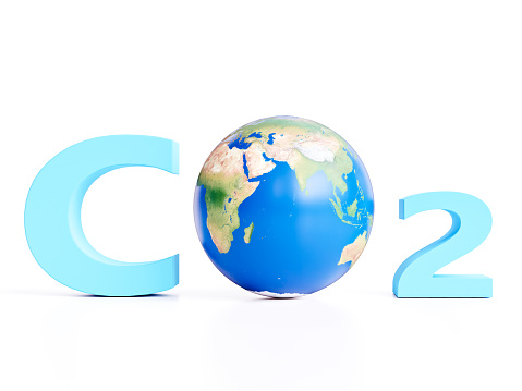 3D render of CO2 formula composed of letter C, planet earth and digit 2 on white background - climate-warming concept