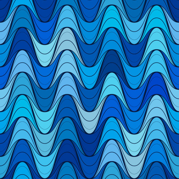 シームレスな抽象的な波状の縞模様。さまざまな青の色合いの水平幾何学的な水の波。ベクターイラスト。海をテーマにしたプロジェクトのテクスチャや背景として最適です。 - flowing blue rippled environment点のイラスト素材／クリップアート素材／マンガ素材／アイコン素材