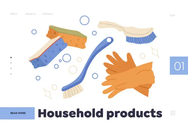 Vector illustration of Household products for cleanness maintenance advertising landing page design website template
