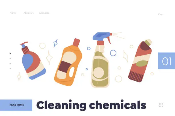 Vector illustration of Detergents online store landing page design template offers cleaning chemicals in various packaging