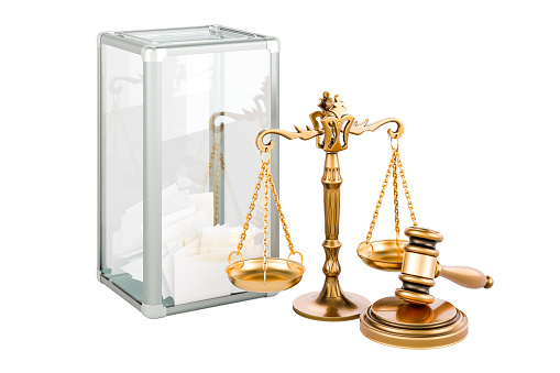 Ballot box with wooden gavel and scales of justice. 3D rendering isolated on white background