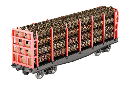 Freight wagon full of timber, 3D rendering isolated on white background