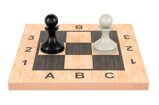 Two pawns on the chess board, confrontation concept. 3D rendering isolated on white background
