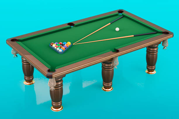 istock Billiard table with balls and cue on blue background, 3D rendering 1712039823