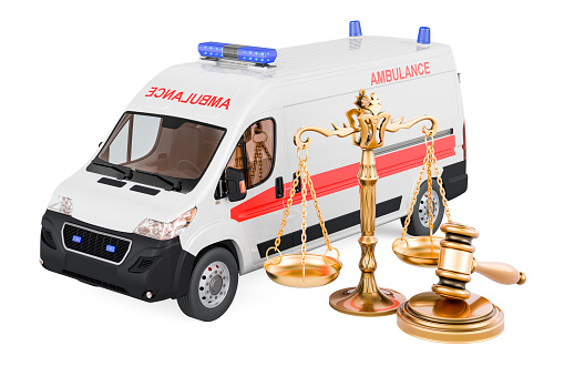 Ambulance van with wooden gavel and scales of justice. 3D rendering isolated on white background