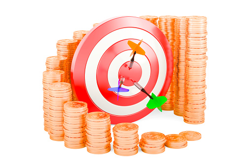 Target with growing chart from gold coins around, 3D rendering isolated on white background
