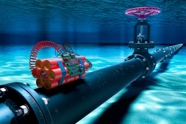 istock Pipeline lying with bomb on ocean bottom underwater. 3D rendering 1712040822
