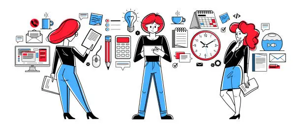 Vector illustration of Team doing office work vector outline illustration, career in company for employees, teamwork business and paperwork, office workers.
