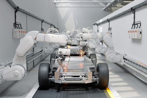 Front View Of Robot Arms Assembling Cars In Car Factory