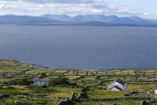 Aran islands, Ireland. Houses looking over Galway Bay.