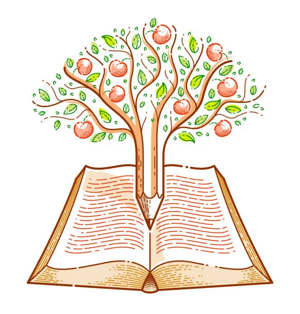 Vector illustration of Tree with apples combined with pencil over open vintage book education or science knowledge concept, educational or scientific literature library vector logo or emblem.