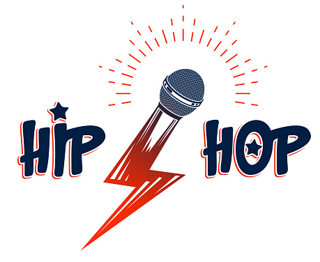 Rap music vector logo or emblem with microphone in a shape of lightning bolt, Hip Hop rhymes festival concert or night club party label, t-shirt print.