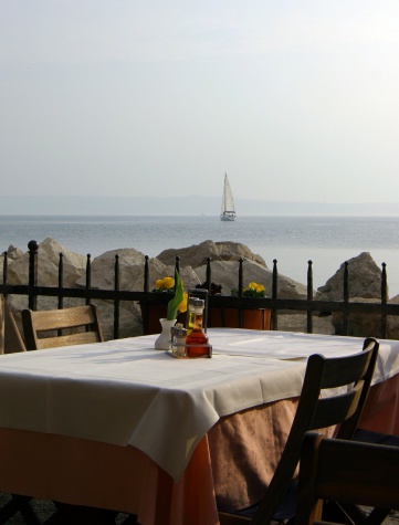 A romantic evening at seaside restaurant.