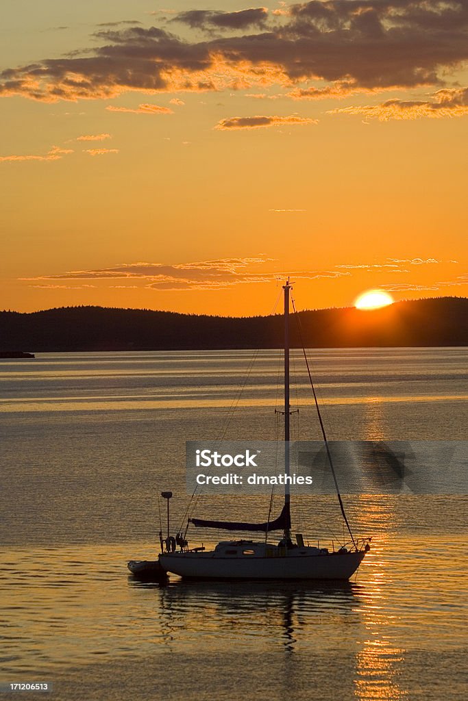 Boat at anchorage in Bar Harbor Boat at anchorage in Bar Harbor Maine at dawn. Acadia National Park Stock Photo
