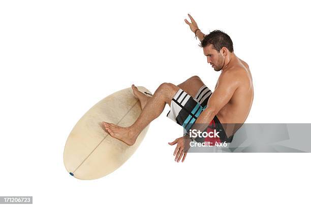 Homem Surf Em Uma Prancha De Surf - Fotografias de stock e mais imagens de Surf - Surf, Figura para recortar, Fundo Branco