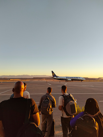 Ouarzazate, Morocco - October 01, 2023: Small group that your Ryanair plane is coming to pick you up