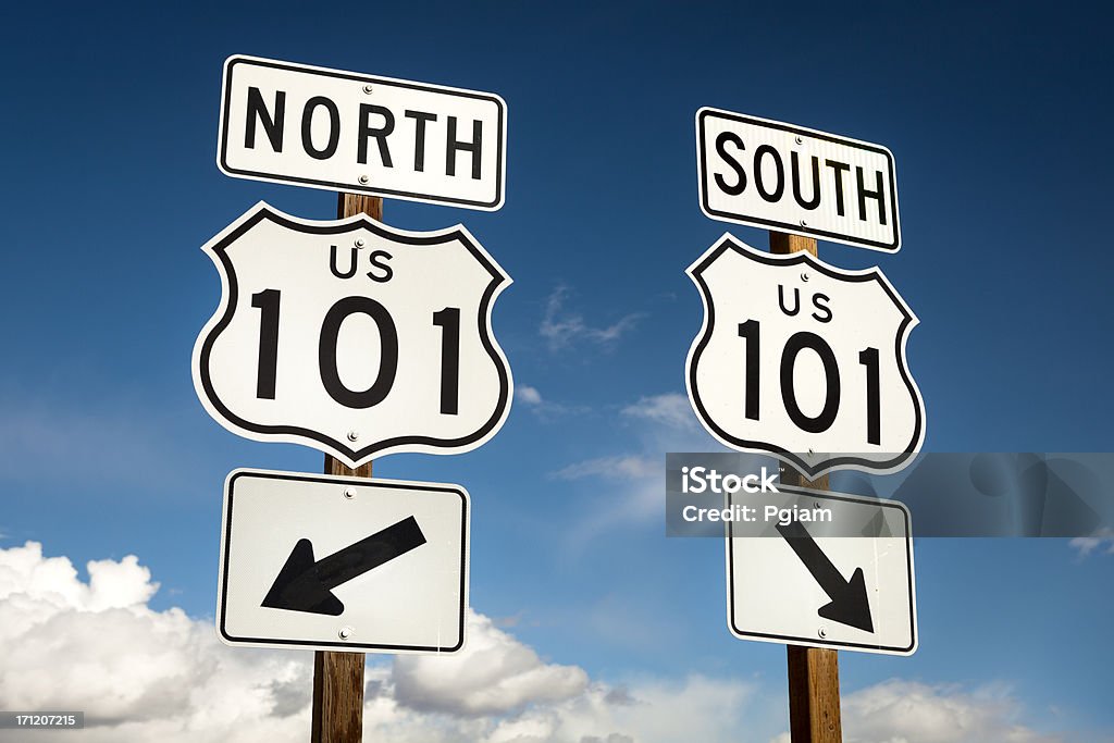 US 101 freeway road sign Highway 101 direction state signpost California USA Arrow Symbol Stock Photo