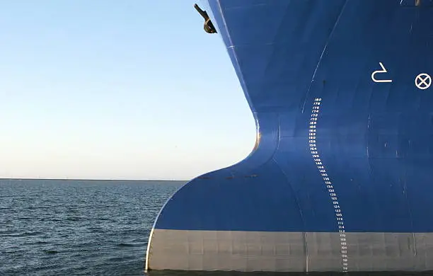 Close-up of big bulbous bow of oil tanker
