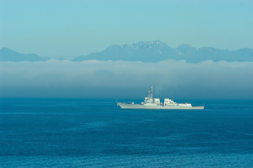 A U.S. Naval warship cruises the Puget Sound near Seattle.