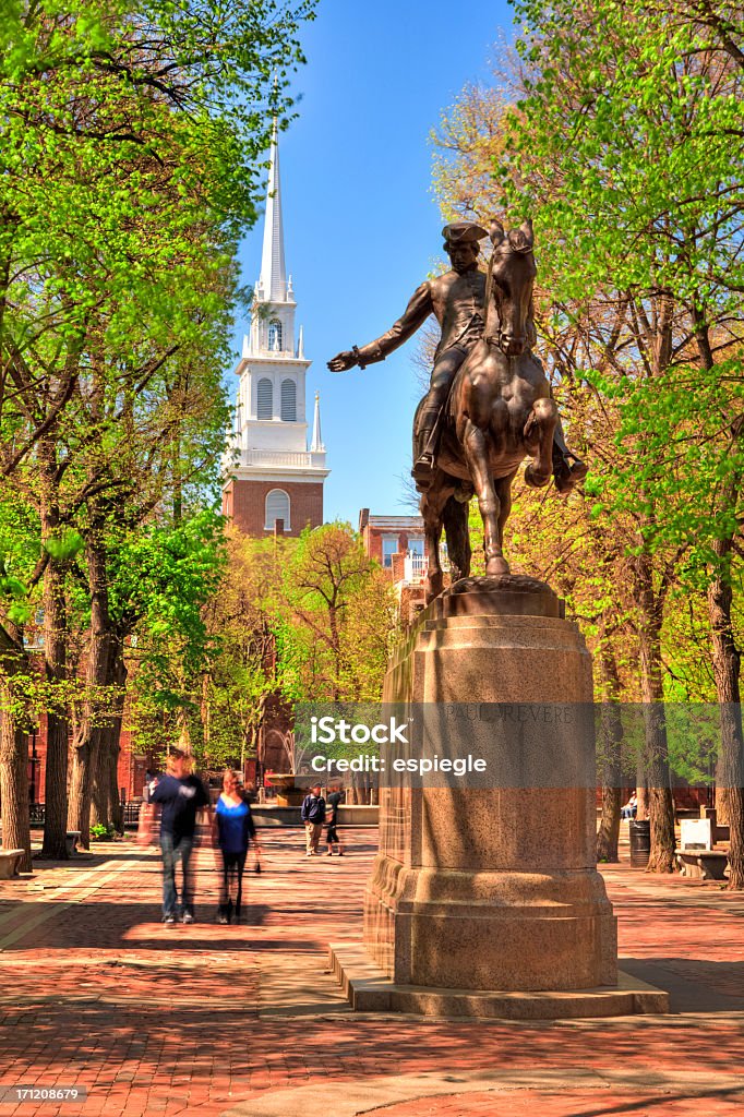 Paul Revere Statue in Boston, Massachusetts Statue of Paul Revere outside the Old North Church in the North End of Boston Boston - Massachusetts Stock Photo