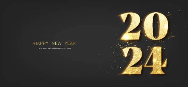 Vector illustration of 2024 greeting card with gold glitter numbers on dark background. Happy new year and merry christmas flyer or poster design.