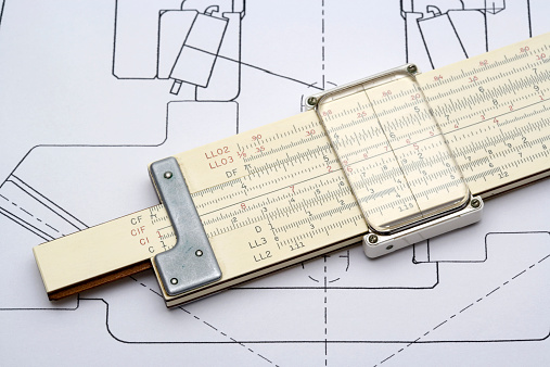 Slide Rule on a mechanical drawing of a gear box.