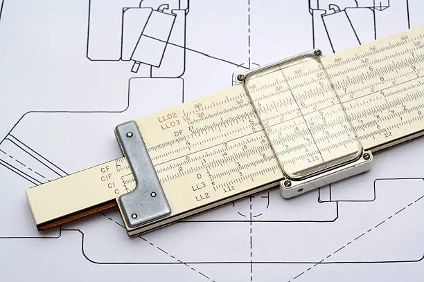 Photo of Slide Rule and a mechanical drawing