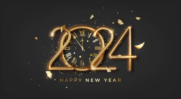 Vector illustration of 2024 New Year luxury shiny gold numbers, modern design, and a golden 2024 countdown with realistic clock and glitter sparkles