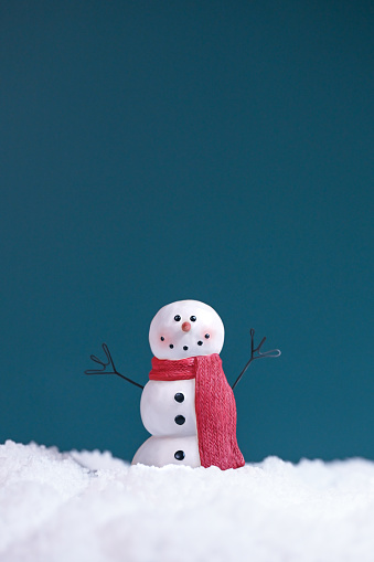 Winter holiday card with snowman. For Christmas holidays greeting cards, invitations, marketing, advertising,, invitations, storytelling. Single snowman enjoying snow, with copy space. Not AI