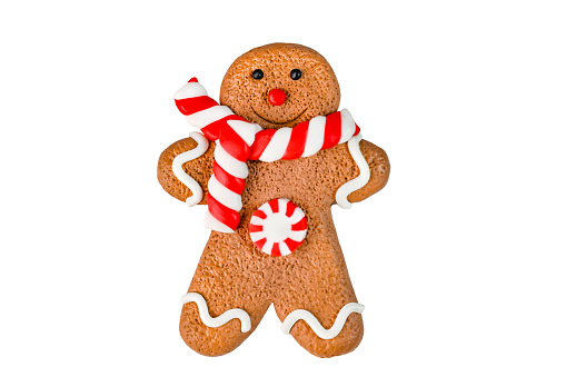 Stock photo showing elevated view of freshly prepared, homemade house-shaped gingerbread cookies decorated with white, glace icing forming a Christmas village themed party food idea.