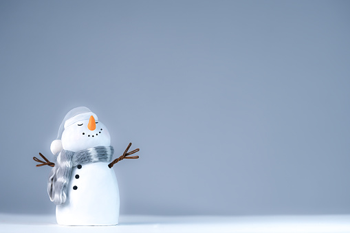 Funny small snowman figurine with carrot, brunches and black buttons, puppet in winter background. Snow falling down.