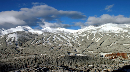View of Deer Valley resort in Park City ski area during winter in the Wasatch Mountains near Salt Lake City, Utah