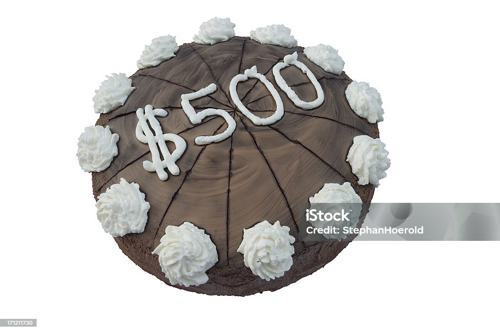 500$ cake (path included) This is a chocolate tart with 500$ written with cream. Isolated on white. Includes clipping path. Cream - Dairy Product Stock Photo