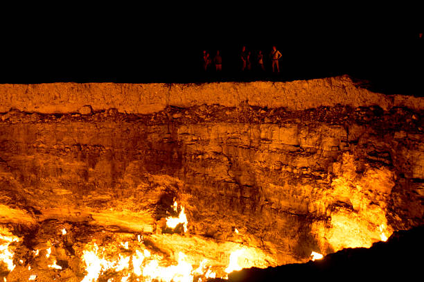 The Darvaza Gas Crater in Turkmenistan at night stock photo