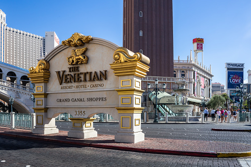 Las Vegas, Nevada, USA - August 14th, 2023: The Venetian resort, hotel and casino sign in The Strip